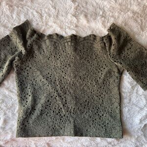 Green Textured Crop Top with Long Sleeves